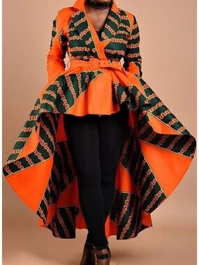 High-Low Orange & Green Printed Peplum Skirt